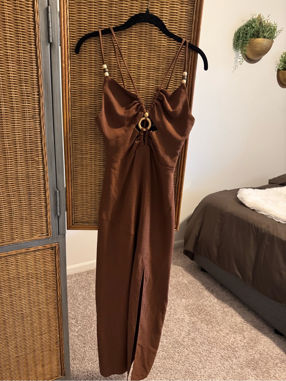 Fashion Nova Brown Satin Maxi Dress with Ring Detail